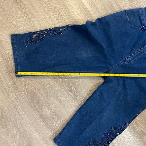 Women's Variation Capris Denim Pants. Blue. Large. Decorated Cutouts Each Side. - Picture 9 of 10